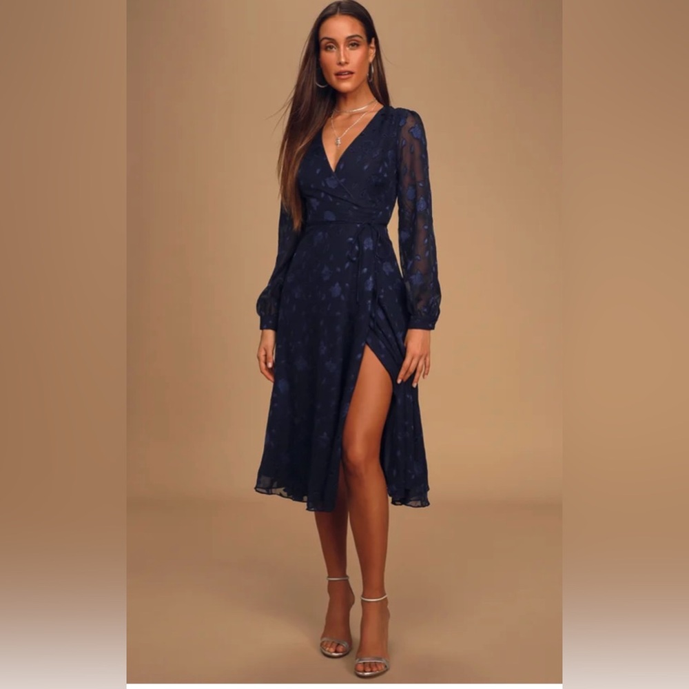Evening of Elegance Navy Blue Floral Jacquard Wrap Midi Dress